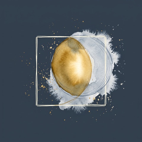 Watercolor of a glowing gold sphere inside a hand-drawn square outline.