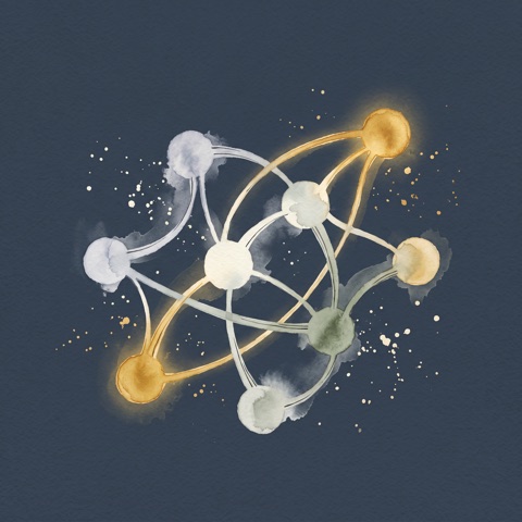 Watercolor of gold and grey nodes joined by curved lines into a network.