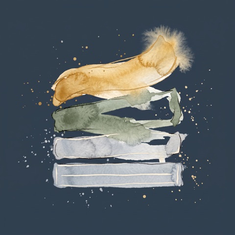 Watercolor of four stacked brushstrokes in gold, green and grey.