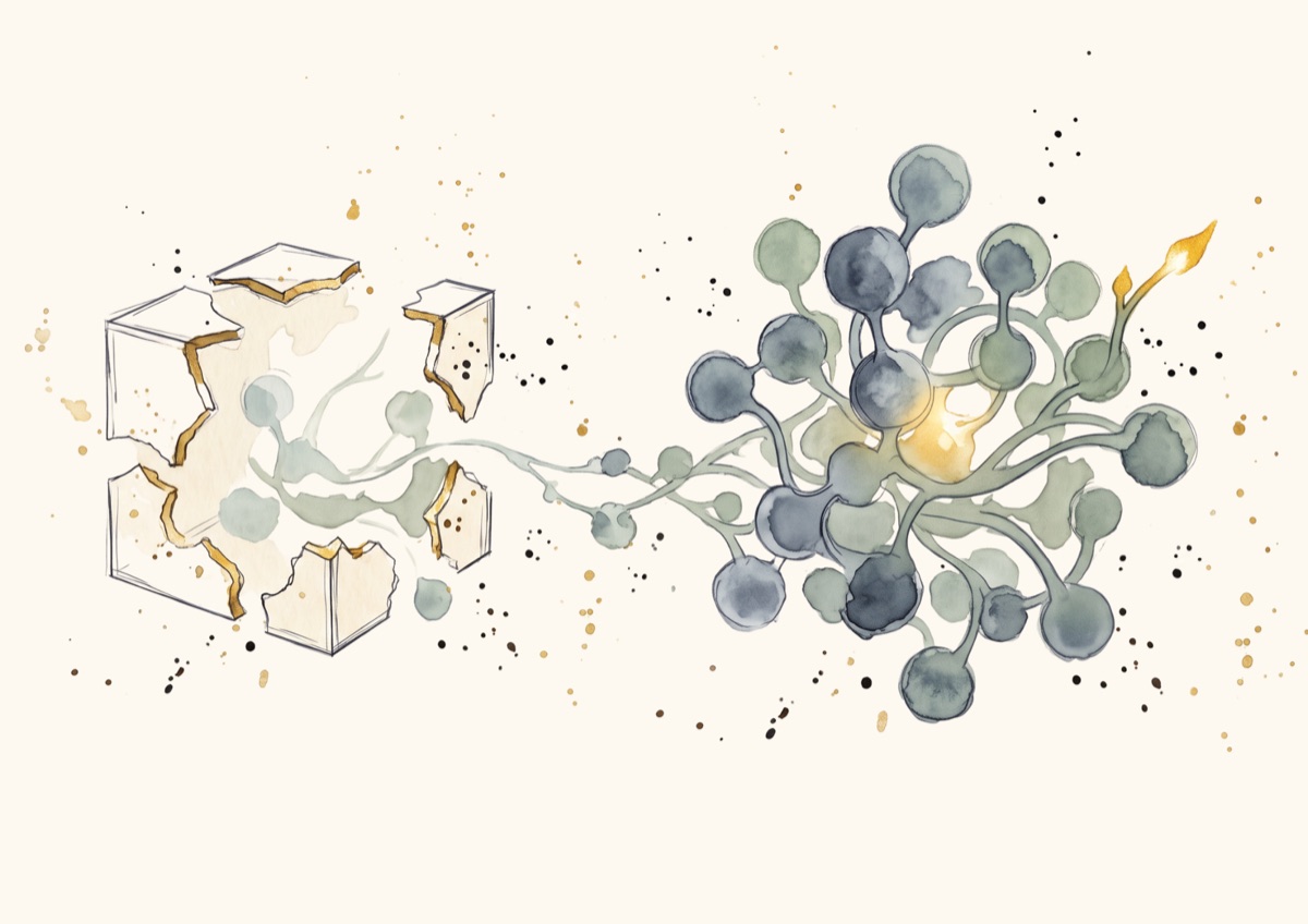 Watercolor of a cracked cube whose gold seams open into a network of blue and green nodes growing to the right, one branch tipped in gold.