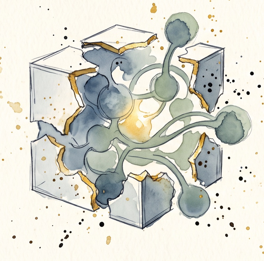 Watercolor of a sketched cube breaking open as a network of blue and green nodes grows out of it, lit with gold.