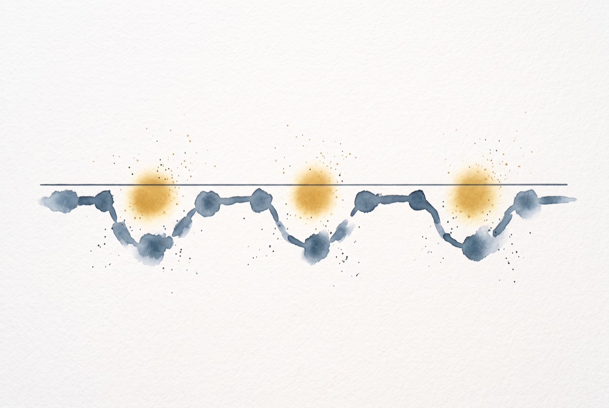 Watercolor of a straight line with three dips below it, each dip marked by a soft gold glow above the line.