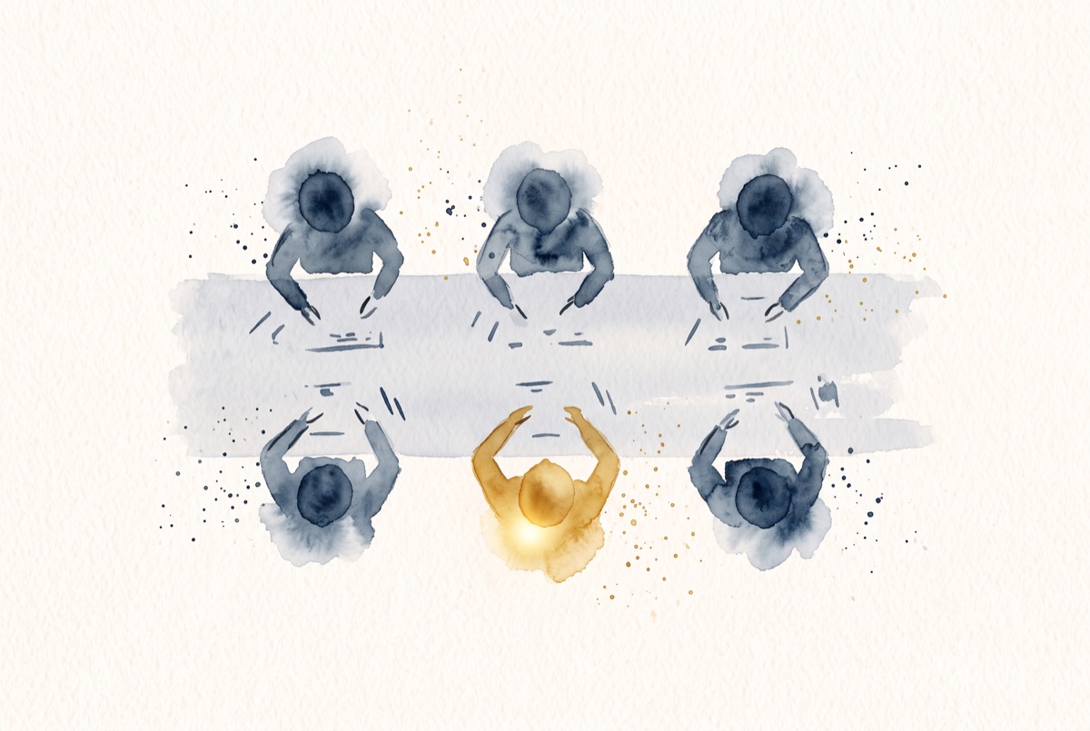 Watercolor of six figures around a long table seen from above, one of them painted in gold.